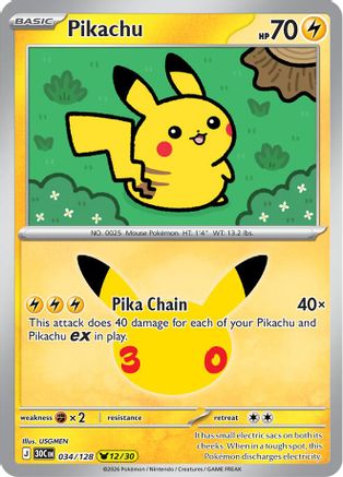 Pikachu (12/30) 034/128 30th Anniversary Celebration Pikachu Rare Near Mint  English